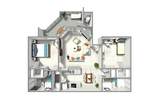 Floor plan for 2 beds, 2 baths, 935 sqft